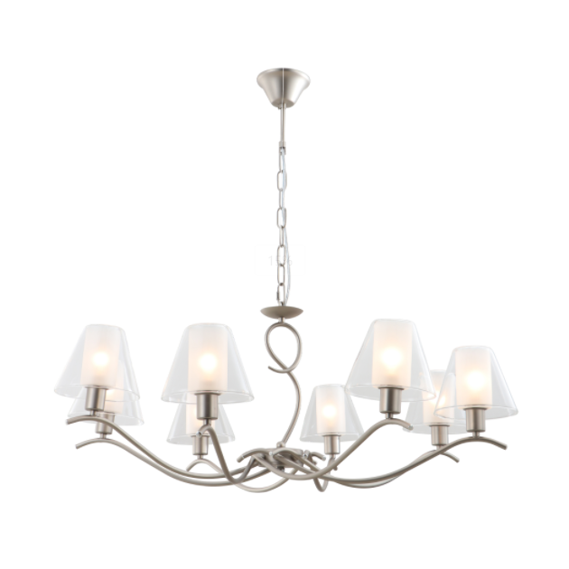 Chandelier gloine dúbailte 8-solas le bailchríoch nicil satin
