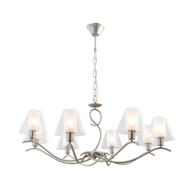 Chandelier gloine dúbailte 8-solas le bailchríoch nicil satin